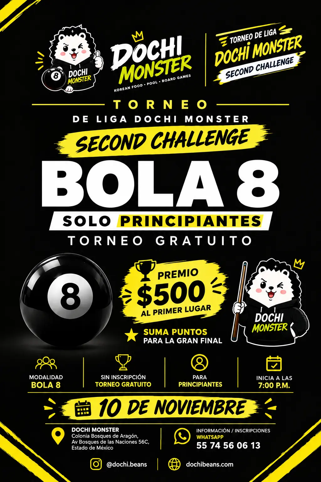Flyer de la Liga de Billar para Principiantes, bola 8, en Dochi Monster: martes 10 y 24 de noviembre, 8 y 22 de diciembre, gran final 29 de diciembre 2026. Entrada gratis.